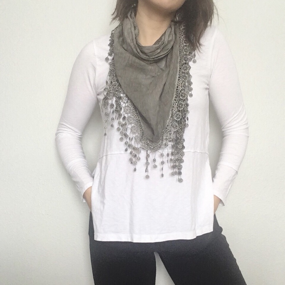 Italian Floral Gray Lace Fringe Scarf Shawl Wrap